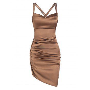 Satin Ruched Lace Up Asymmetric Dress